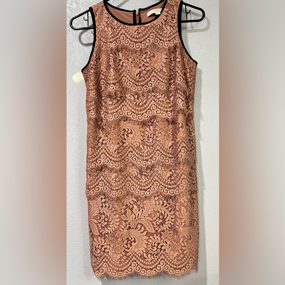 Loft Lace Tiered Mauve Dress Size 2P, Arm & Neck In Black, Back Zipper